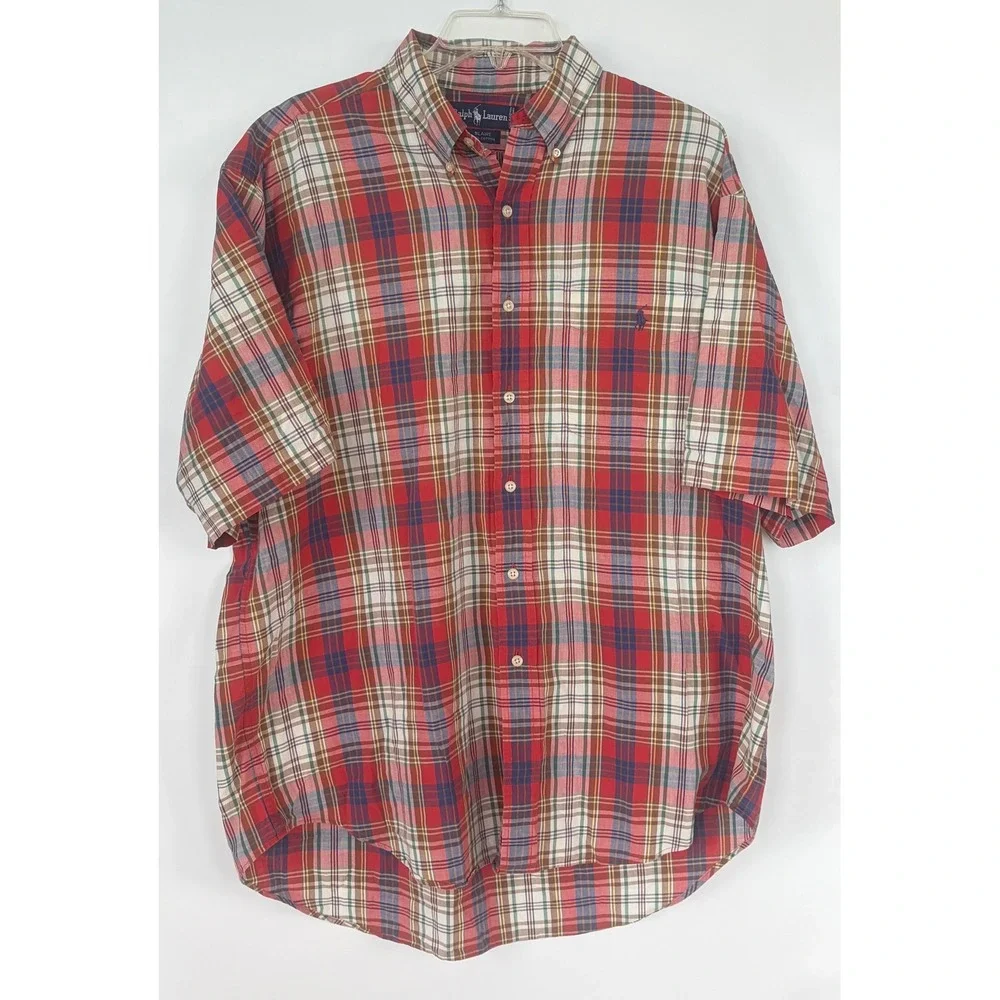 Polo‎ Ralph Lauren Blaire Mens XL Plaid Button Down Shirt Red Blue Short Sleeve